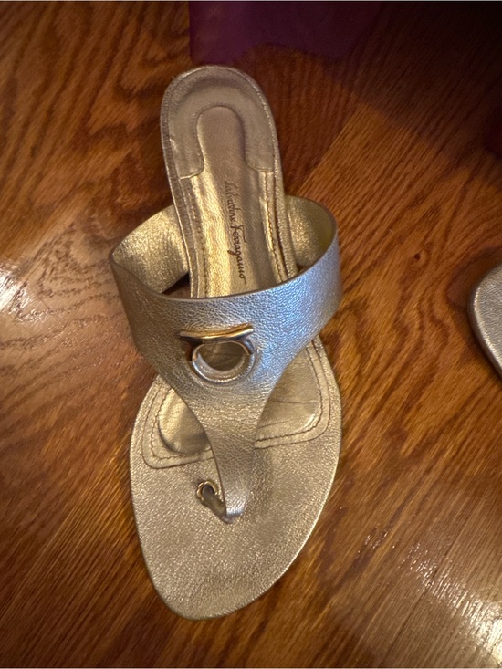 Salvatore Ferragamo Shoes - Salvatore Ferragamo Metallic Gold Thong Sandals with Signature Gancini